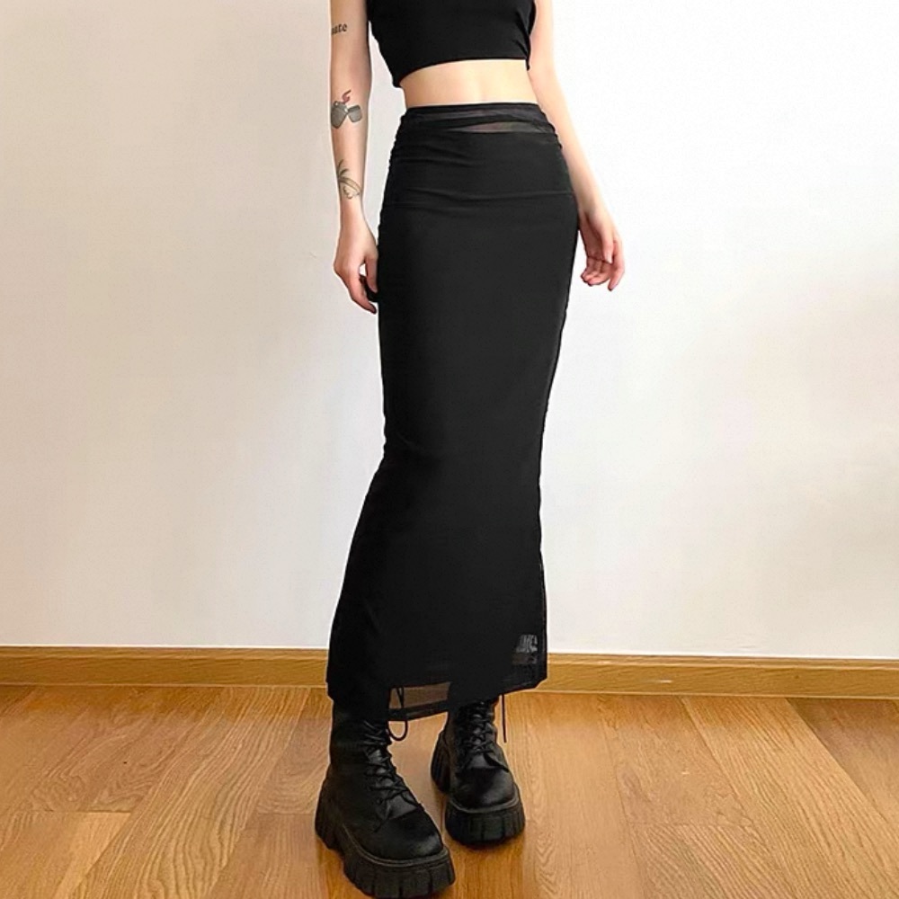 Black Minimalist Y2K Mesh Stretchy Flowy Elastic High Waisted Long Maxi Skirt